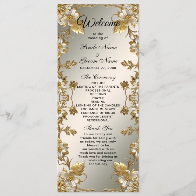 White Floral Gold Ornate Wedding Program (Front)