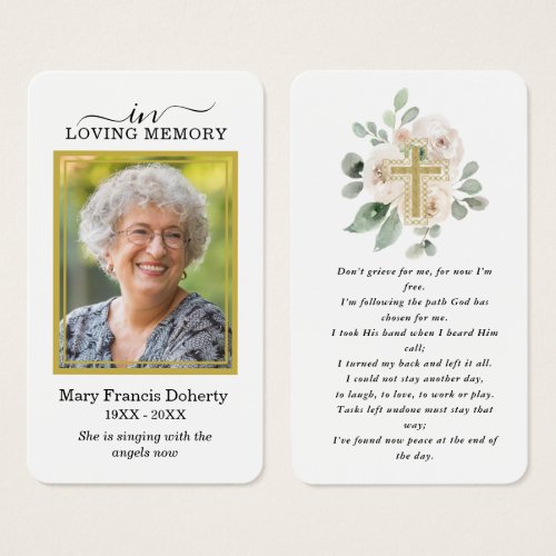 White Floral Gold Photo Funeral Prayer Card