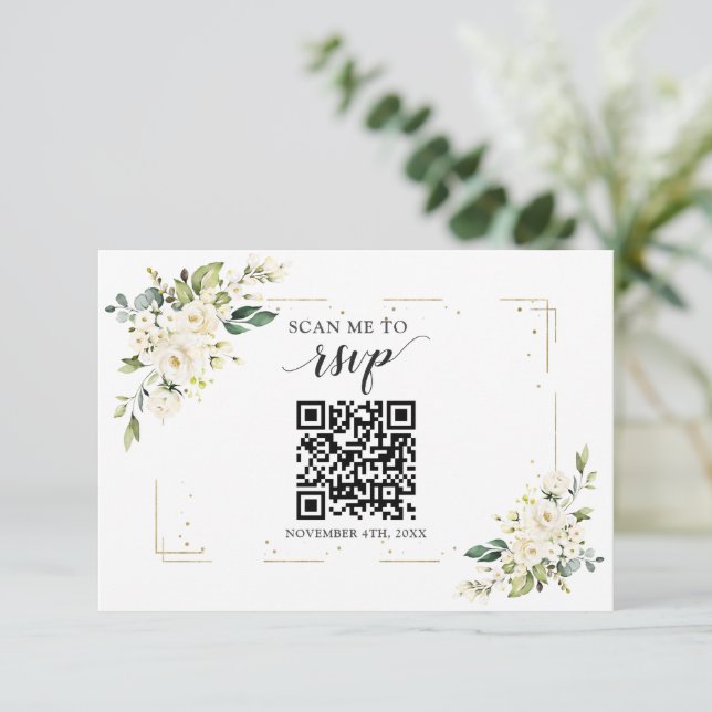 White Floral Gold QR Code Add your URL Wedding  RSVP Card (Standing Front)