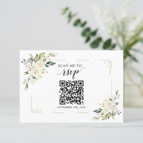 White Floral Gold QR Code Add your URL Wedding  RSVP Card