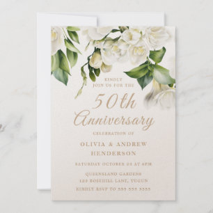 White Floral Gold Shimmer 50th Wedding Anniversary Invitation