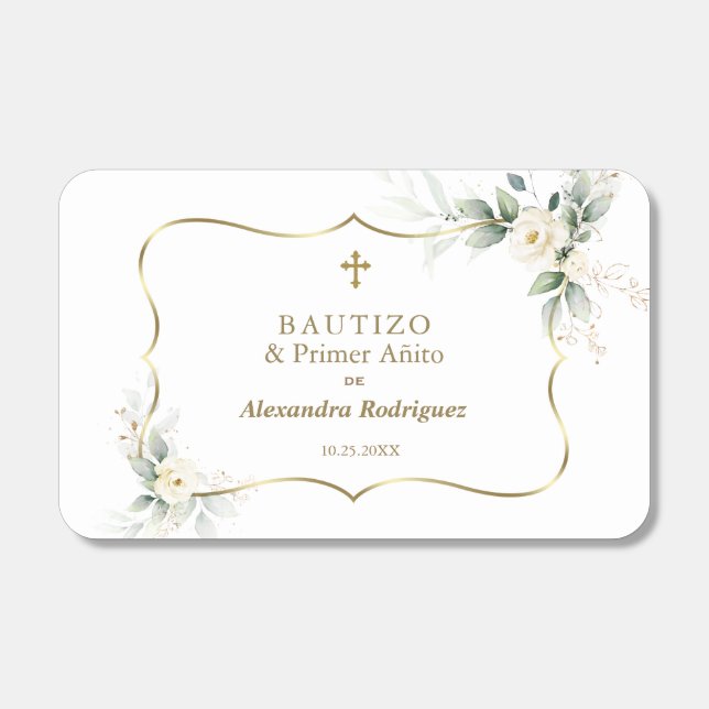 White Floral Gold Spanish 1st Birthday Baptism  Matchboxes (Front)