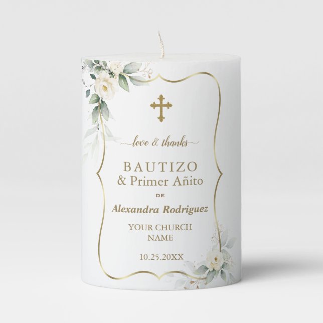 White Floral Gold Spanish 1st Birthday Baptism  Pillar Candle (Front)
