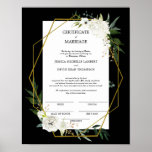 White Floral Gold Wedding Certificate of Marriage  Poster<br><div class="desc">White Floral Gold Wedding Certificate of Marriage Keepsake Poster will be a cherished remembrance of that very special day. The bride and groom along with the maid of honor, best man and officient all sign the framable wedding art. All of the text is editable, just use the PERSONALIZE OPTION and...</div>