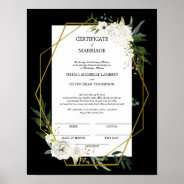 White Floral Gold Wedding Certificate Of Marriage  Poster at Zazzle