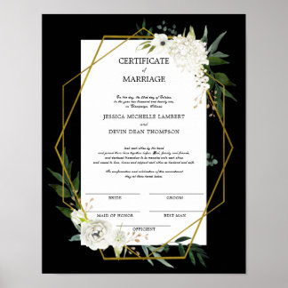 White Floral Gold Wedding Certificate of Marriage  Poster