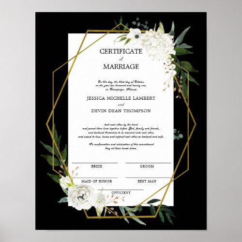 White Floral Gold Wedding Certificate of Marriage  Poster