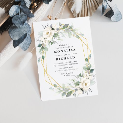 White floral golden frame wedding invitation