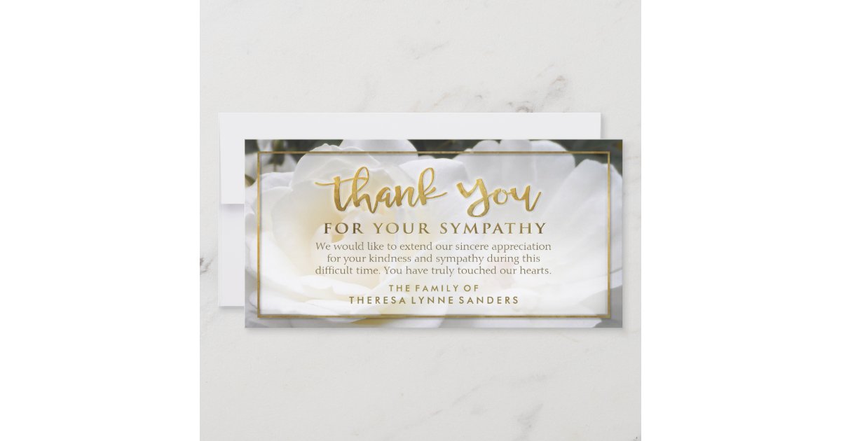 White Floral Golden Thank You Sympathy Card | Zazzle
