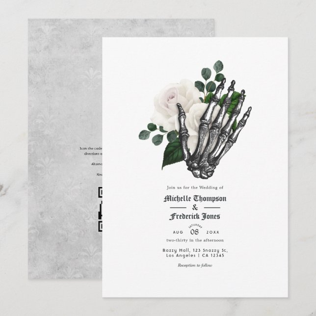 White Floral Gothic Wedding QR Code Invitation (Front/Back)