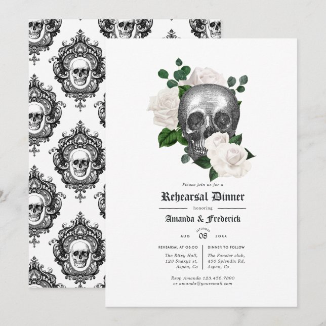 White Floral Gothic Wedding Rehearsal Dinner Invitation (Front/Back)