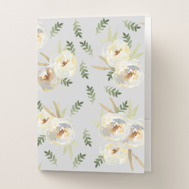 White Floral Gray Background Pocket Folder (Front)