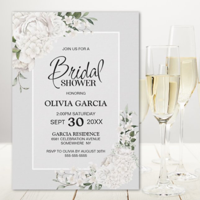 White Floral Gray Bridal Shower Invitation (Creator Uploaded)