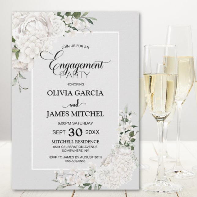 White Floral Gray Engagement Party Invitation (Creator Uploaded)