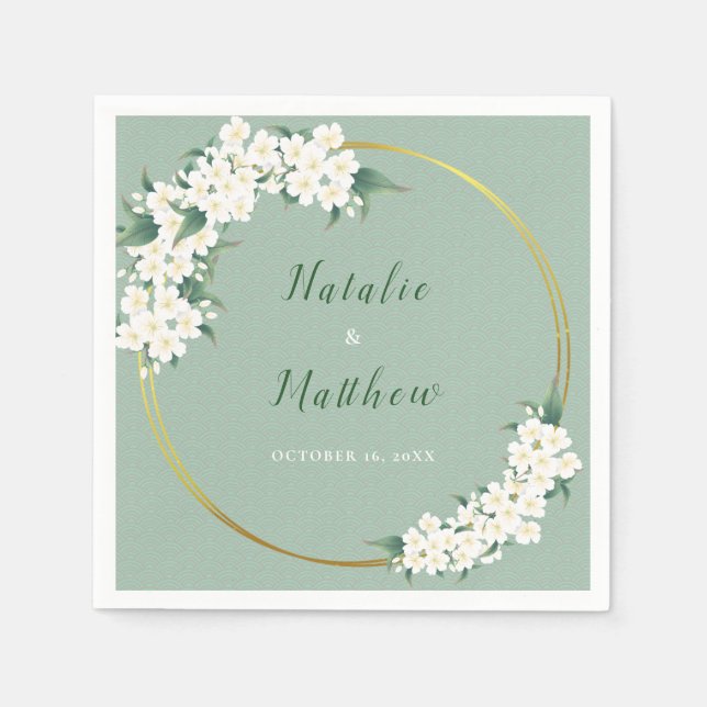 White Floral Green Chinoiserie Pattern Wedding Napkins (Front)