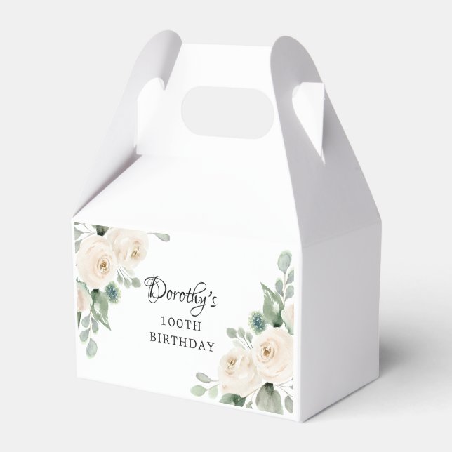White Floral Green Eucalyptus 100th Birthday  Favor Boxes (Front Side)