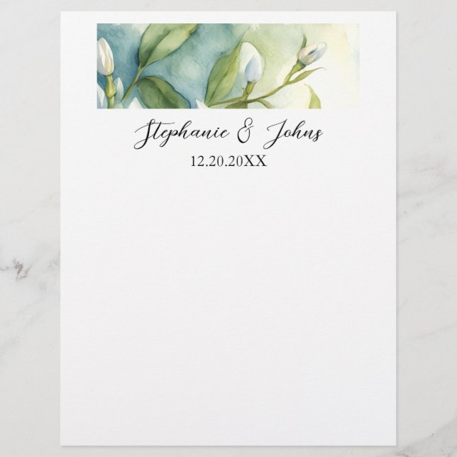 White Floral Green Leaves Elegant Rustic Wedding Letterhead (Front)