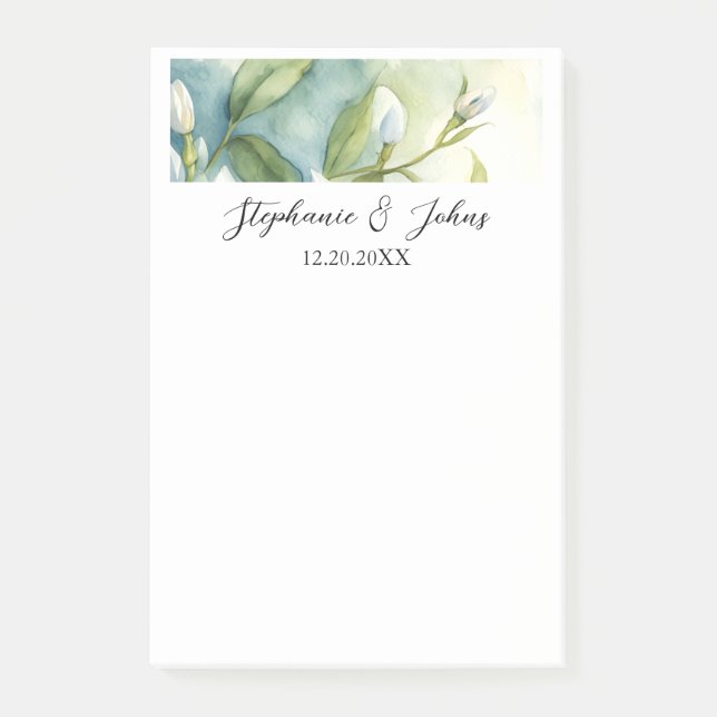 White Floral Green Leaves Elegant Rustic Wedding Post-it Notes (Front)