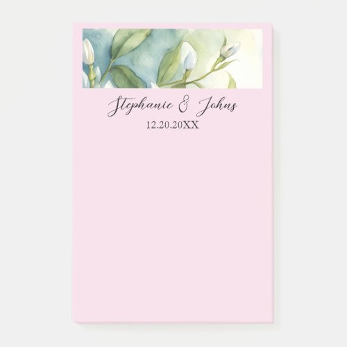 White Floral Green Leaves Pink Dusty Blue Wedding Post_it Notes