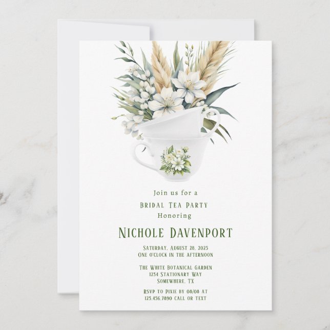 White Floral Green Painted Bridal Tea Party Invitation (Front)