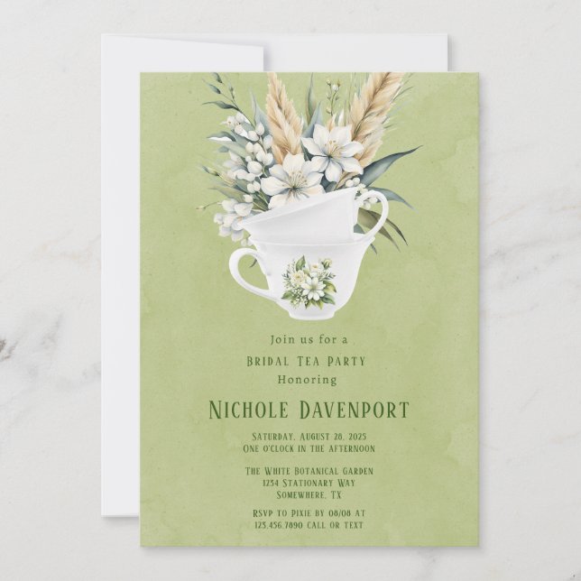 White Floral Green Painted Bridal Tea Party Invitation (Front)