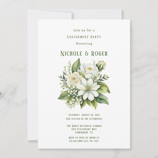 White Floral Green Painted Engagement Party Invitation (Front)