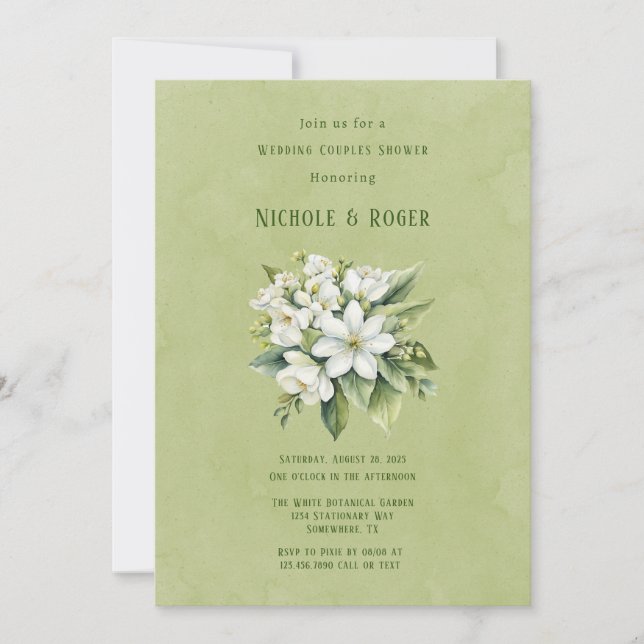 White Floral Green Painted Wedding Couples Shower Invitation (Front)