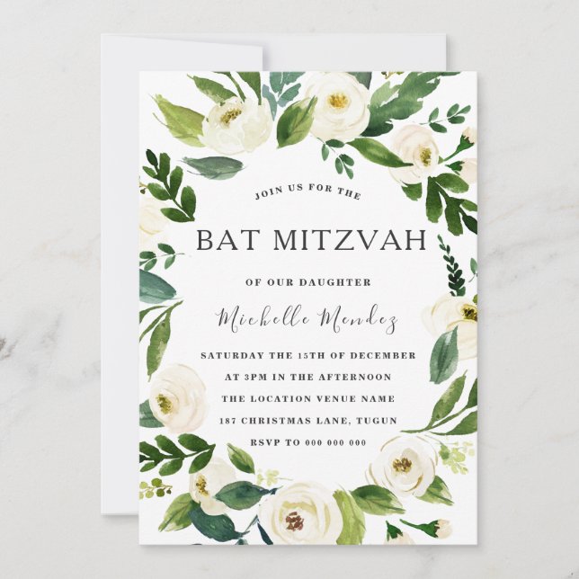 White Floral Green Wreath Modern Bat Mitzvah Invitation (Front)