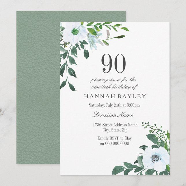 White Floral Greenery 90th Birthday Invitation (Front/Back)