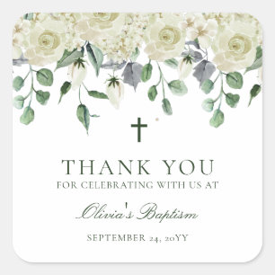 White Floral Greenery Baptism Thank You Favor Square Sticker