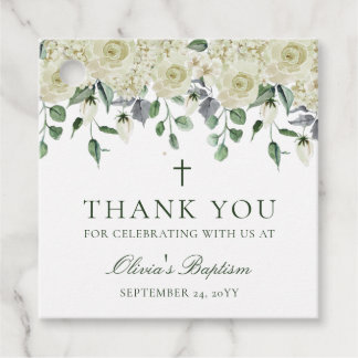 White Floral Greenery Baptism Thank You Favor Tags