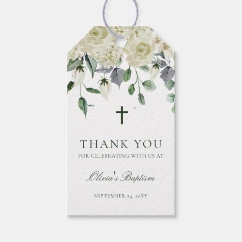 White Floral Greenery Baptism Thank You Gift Tags