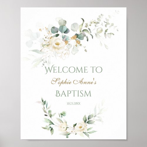 White Floral Greenery Baptism Welcome Sign