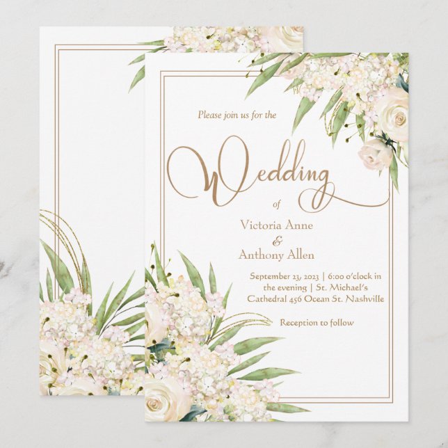 White  Floral Greenery Botanical Elegant Wedding  Invitation (Front/Back)