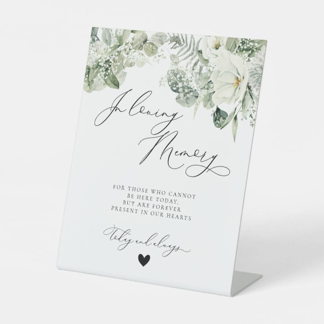 White Floral Greenery Botanical Memorial Wedding Pedestal Sign (Front)