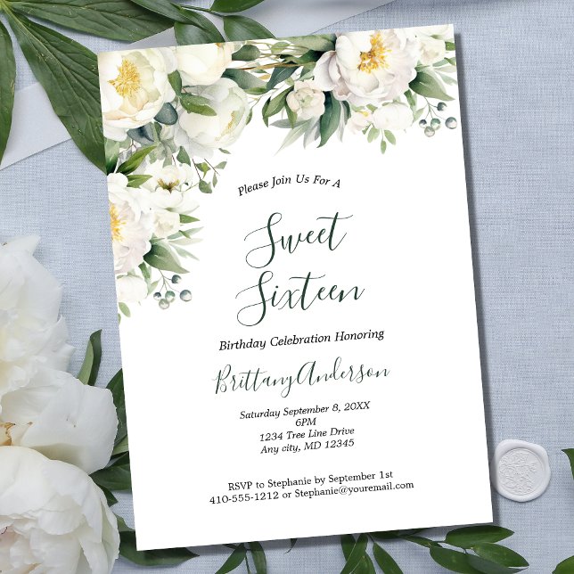 White Floral Greenery Botanical Sweet Sixteen 16 Invitation (White Floral Greenery Formal Sweet Sixteen Birthday Party Invitation)