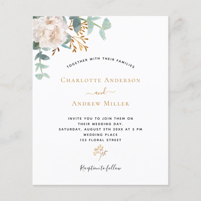 White floral greenery budget wedding invitation (Front)