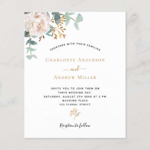 White floral greenery budget wedding invitation