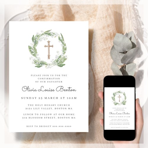 White Floral Greenery Confirmation Invitation