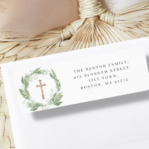 White Floral Greenery Cross Religious Address Label