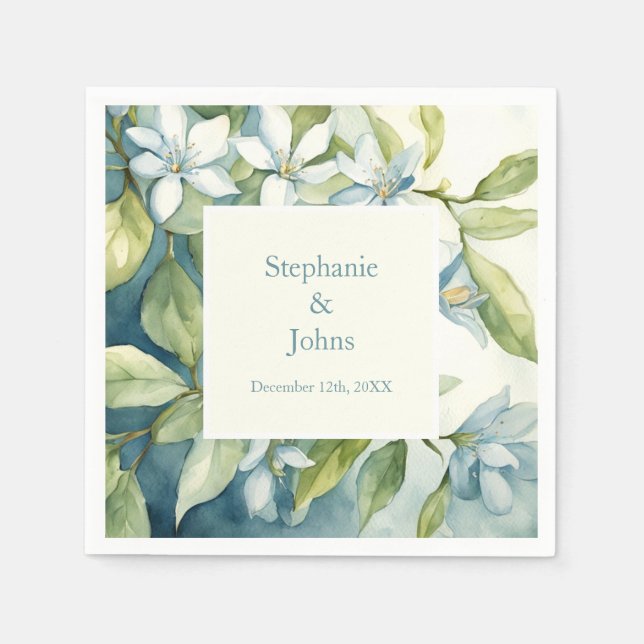  White Floral Greenery Dusty Blue Art Wedding 2024 Napkins (Front)