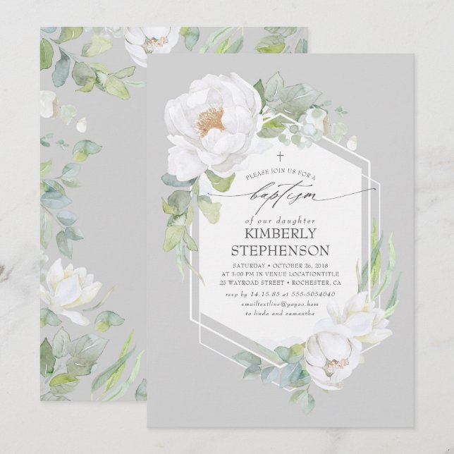 White Floral Greenery Elegant Baptism Invitation (Front/Back)