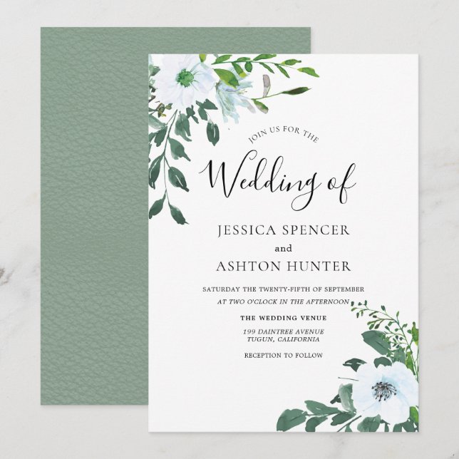 White Floral Greenery Elegant Wedding Invitation (Front/Back)