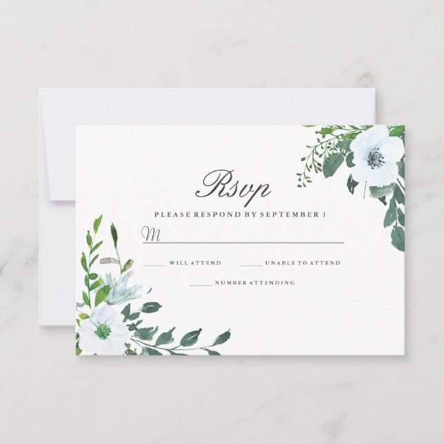 White Floral Greenery Elegant Wedding RSVP (Front)