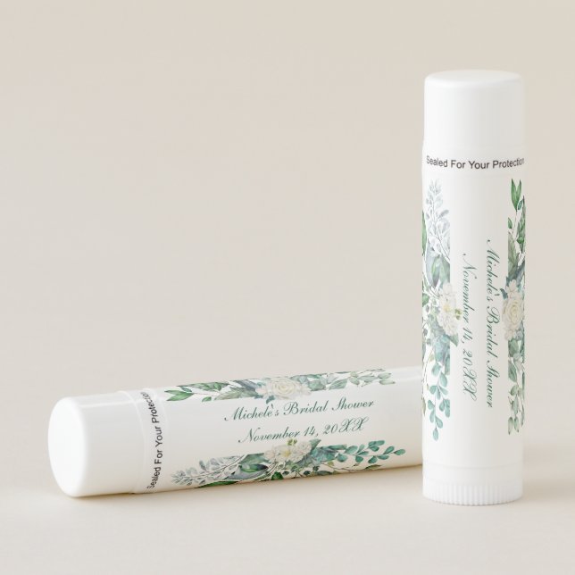 White Floral Greenery Eucalyptus Bridal Shower  Lip Balm (Front)