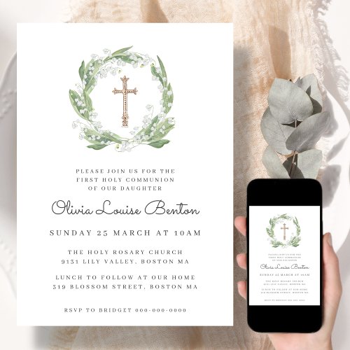 White Floral Greenery First Communion Invitation