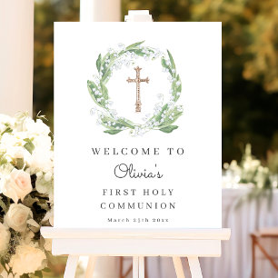 White Floral Greenery First Communion Welcome Foam Board
