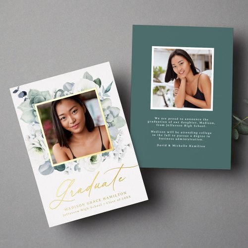 White Floral Greenery Foil Graduation Announcement