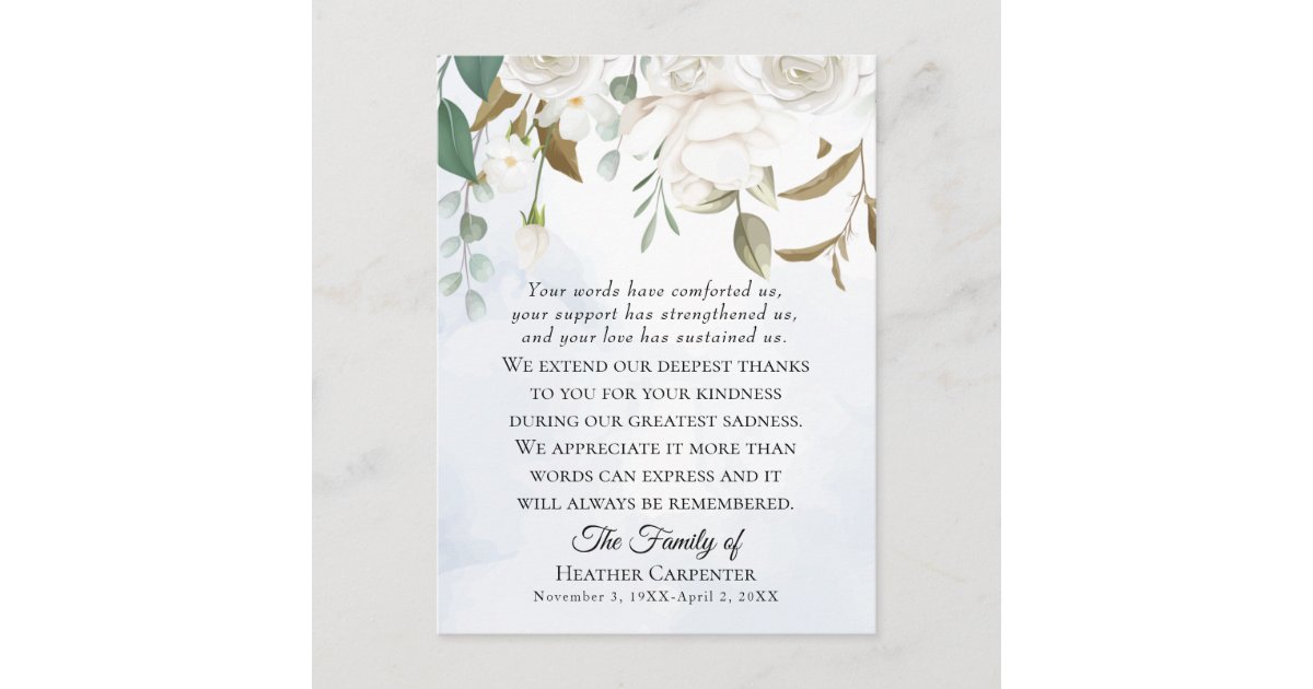 White Floral Greenery Folded Funeral Thank You Postcard | Zazzle