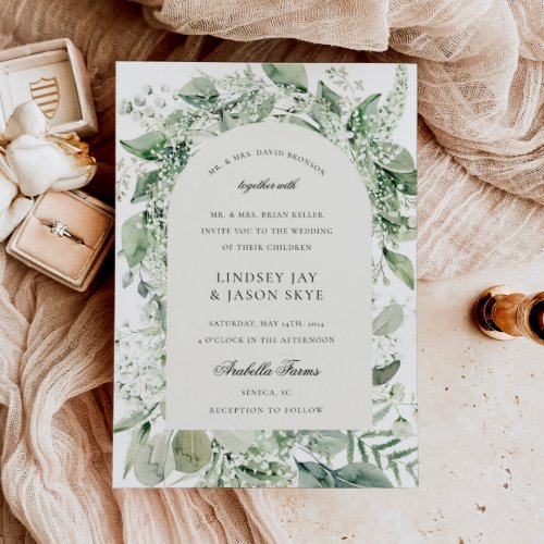 White Floral Greenery Foliage Boho Arch Wedding Invitation